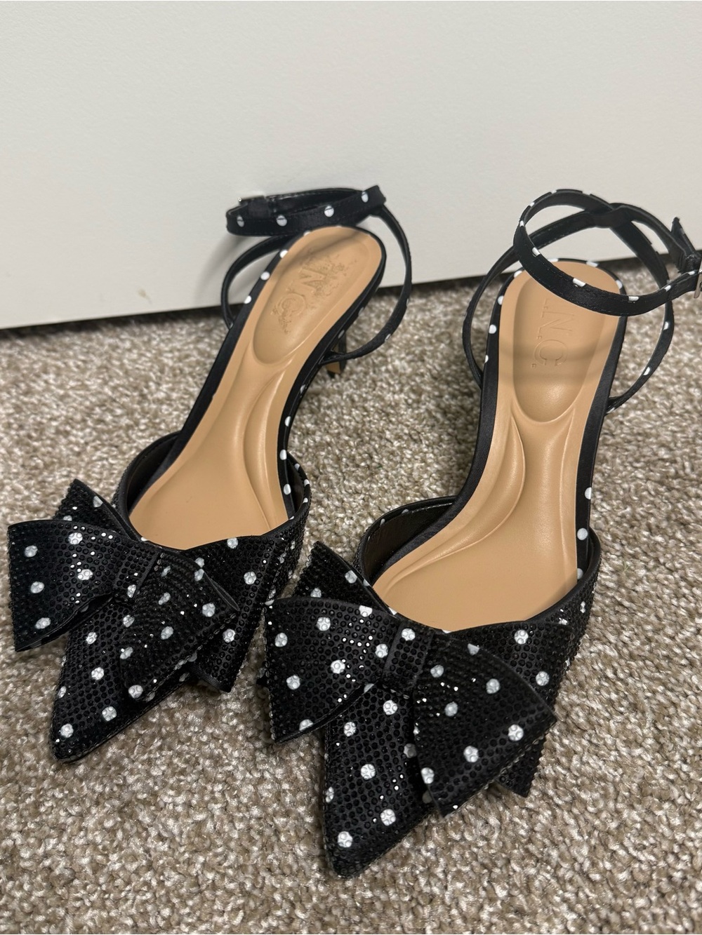 INC International Concepts Black Polka Dot Bow Pointed-Toe Ankle Strap Heels
